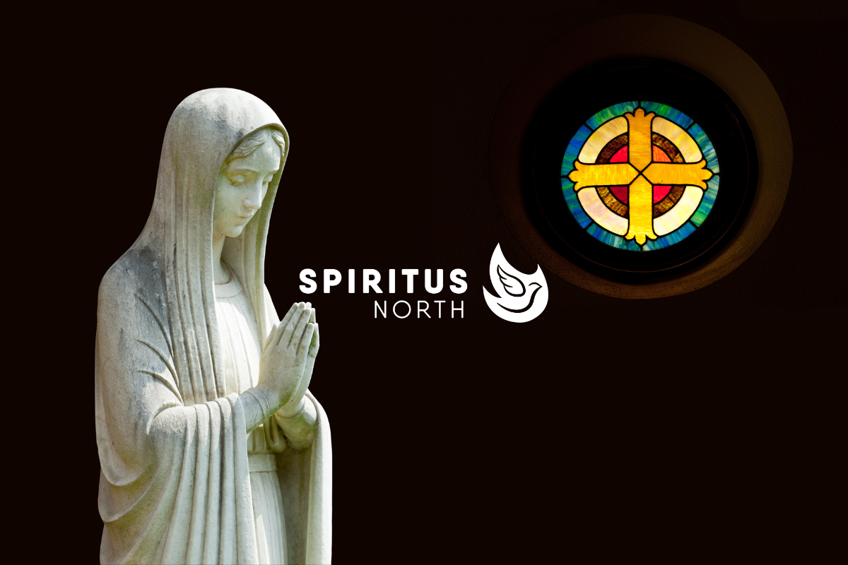 Spiritus North Logo with Statue of Mother Mary