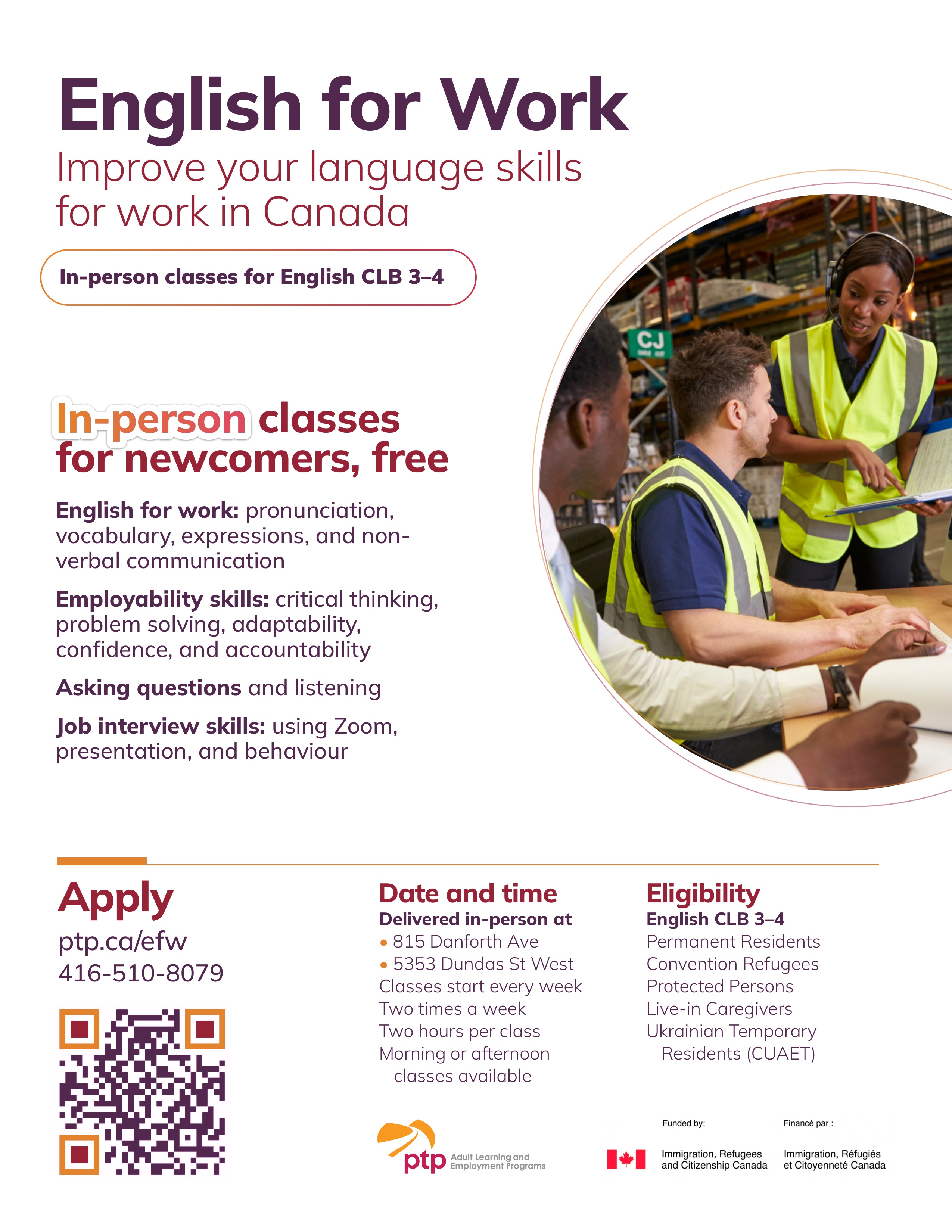 Free English for Work classes- In Person CLB 3-4