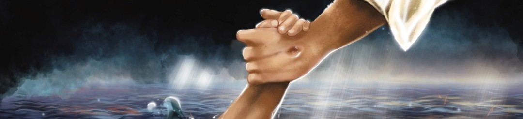 Jesus grasps a hand emerging from water